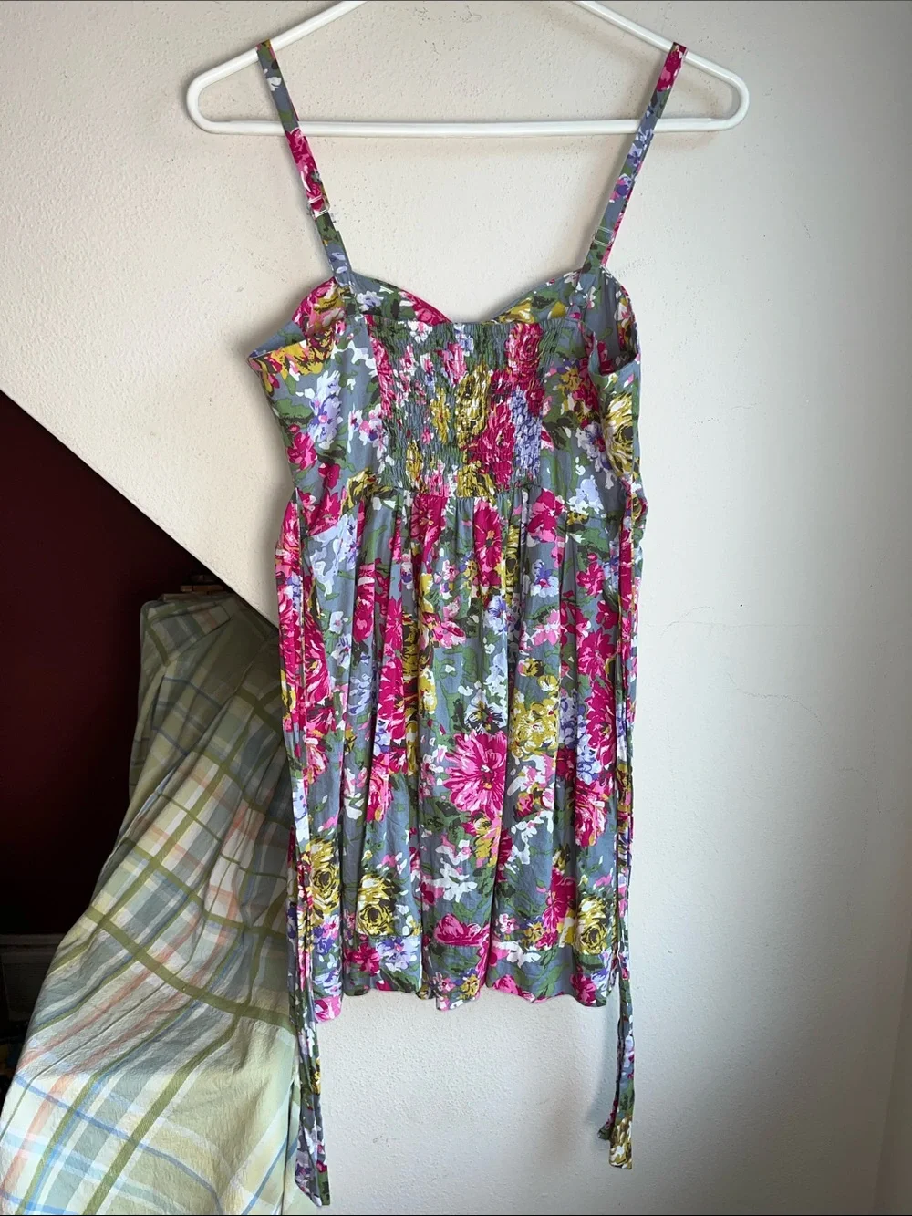 Forever 21 Pink, Yellow & Green Floral Smocked Dress on Gray‎